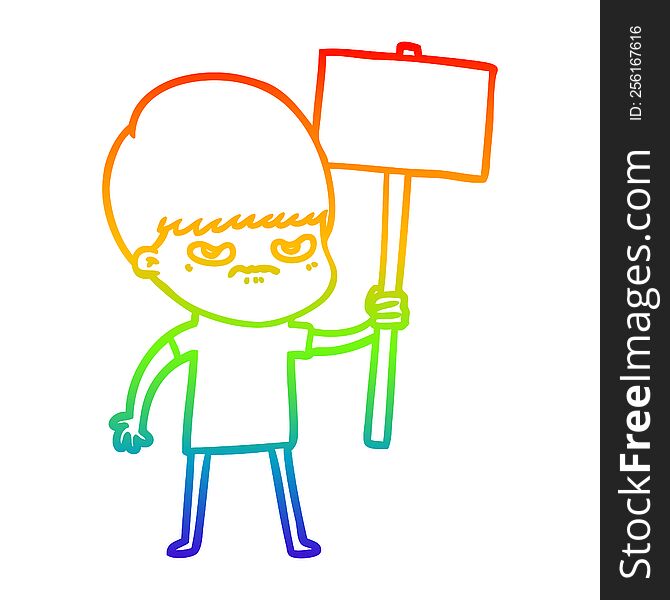 rainbow gradient line drawing of a angry cartoon boy protesting