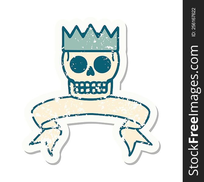Grunge Sticker With Banner Of A Skull And Crown