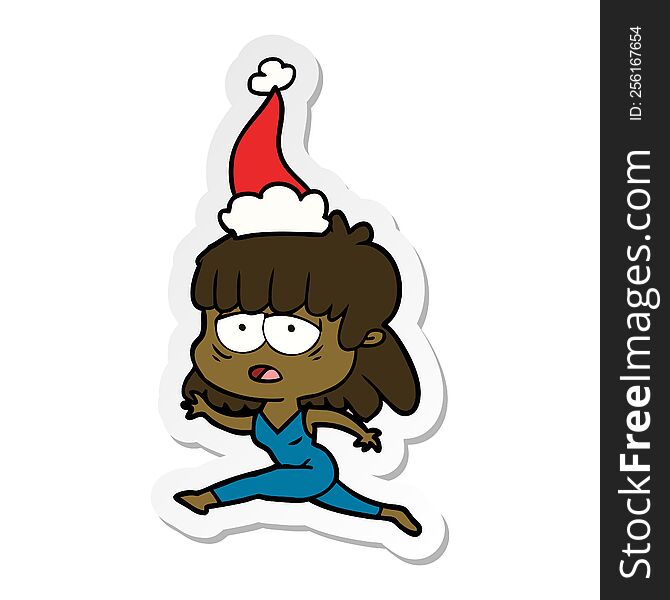 hand drawn sticker cartoon of a tired woman wearing santa hat