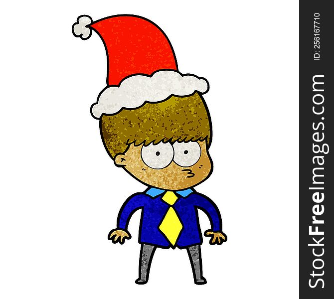 nervous textured cartoon of a boy wearing shirt and tie wearing santa hat