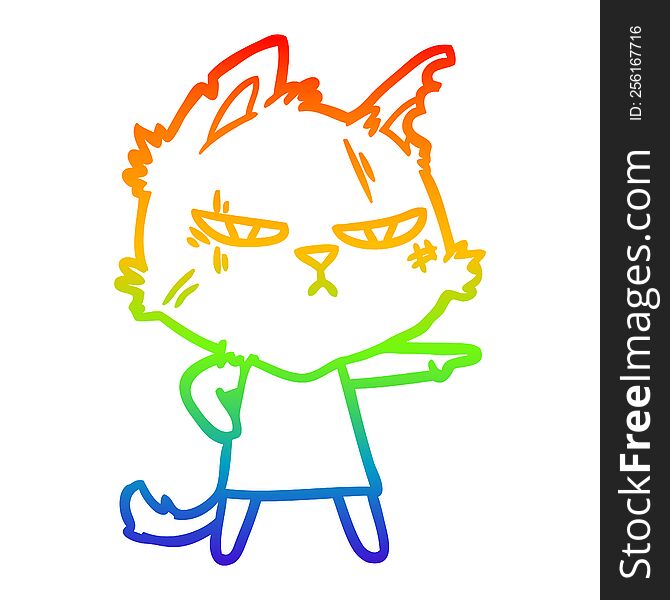rainbow gradient line drawing of a tough cartoon cat girl pointing