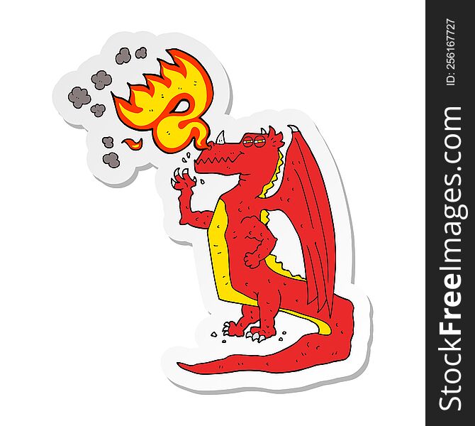 sticker of a cartoon happy dragon breathing fire