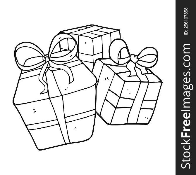 freehand drawn black and white cartoon wrapped present