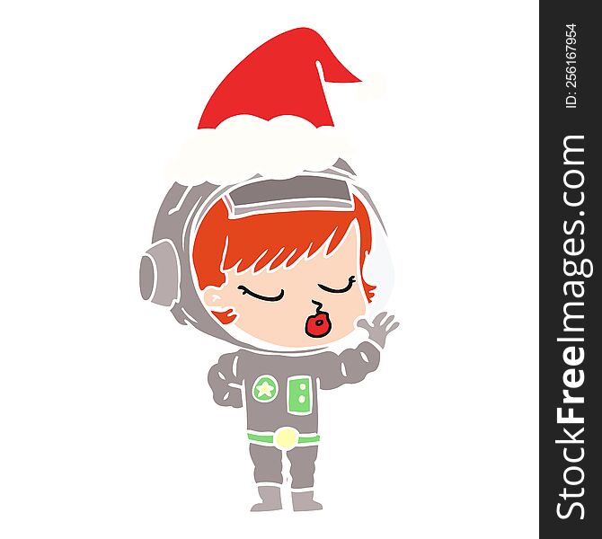 flat color illustration of a pretty astronaut girl wearing santa hat