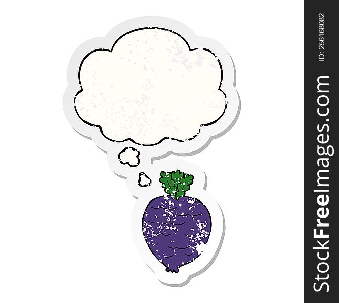 Cartoon Root Vegetable And Thought Bubble As A Distressed Worn Sticker