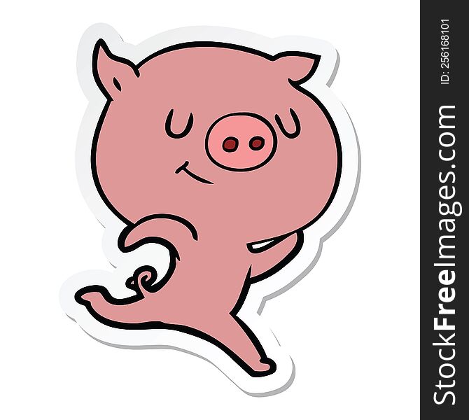 sticker of a happy cartoon pig running