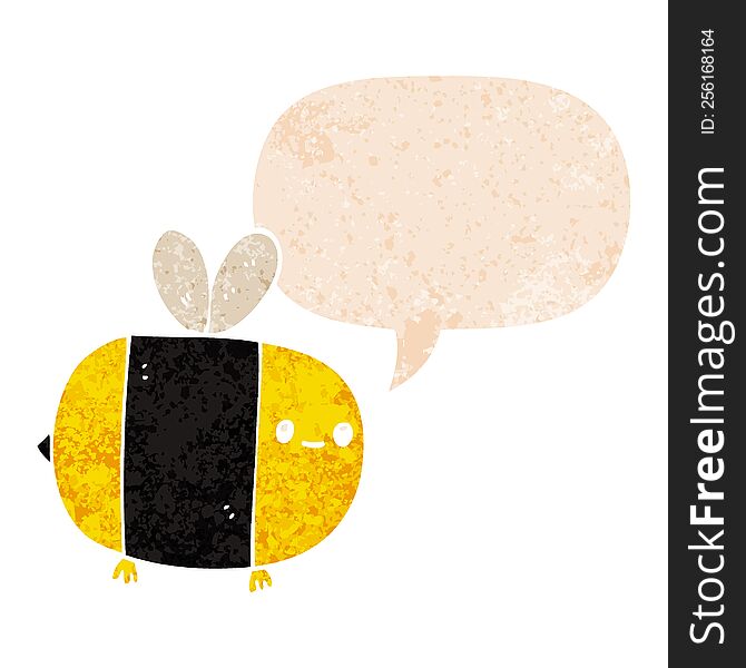 Cute Cartoon Bee And Speech Bubble In Retro Textured Style