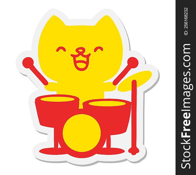 cartoon cat playing drums sticker