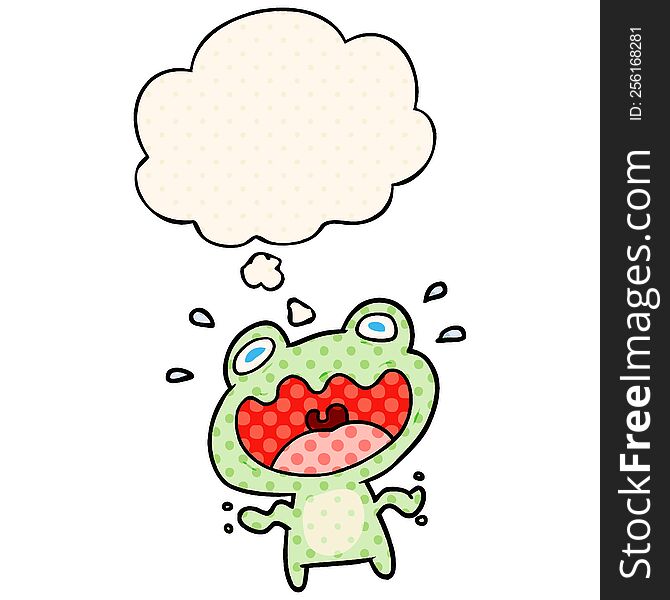 cartoon frog frightened with thought bubble in comic book style