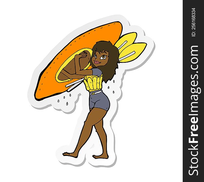 sticker of a cartoon woman carrying canoe