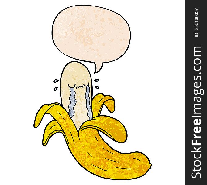 cartoon crying banana with speech bubble in retro texture style
