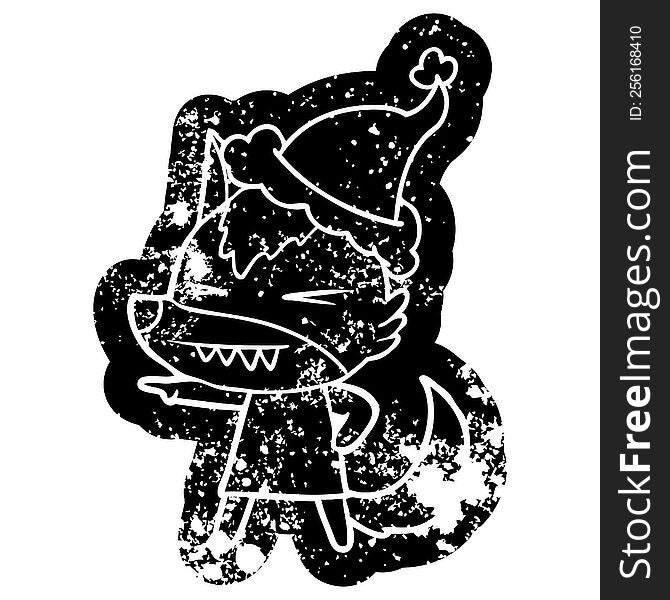 Angry Wolf Cartoon Distressed Icon Of A Wearing Santa Hat