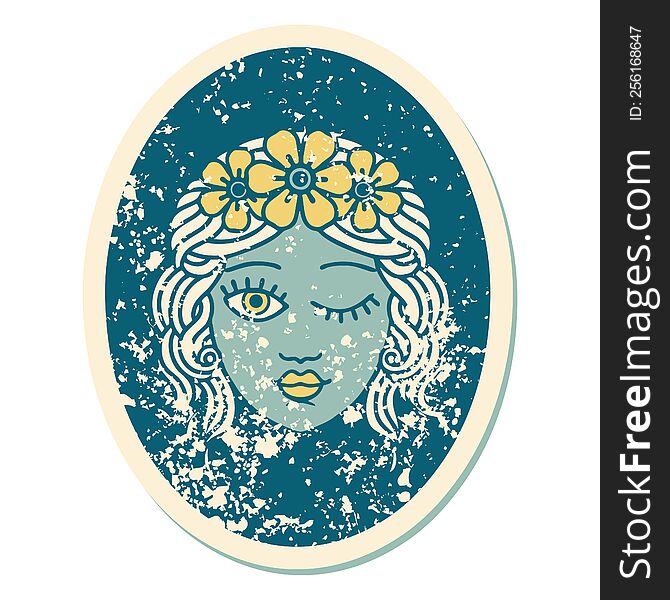 Distressed Sticker Tattoo Style Icon Of A Maiden With Crown Of Flowers Winking