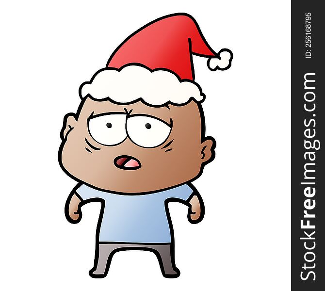 Gradient Cartoon Of A Tired Bald Man Wearing Santa Hat