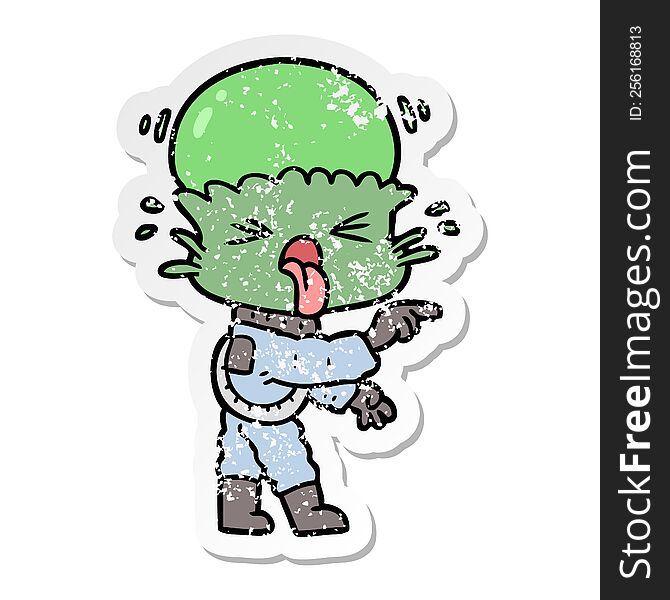 Distressed Sticker Of A Weird Cartoon Alien Pointing
