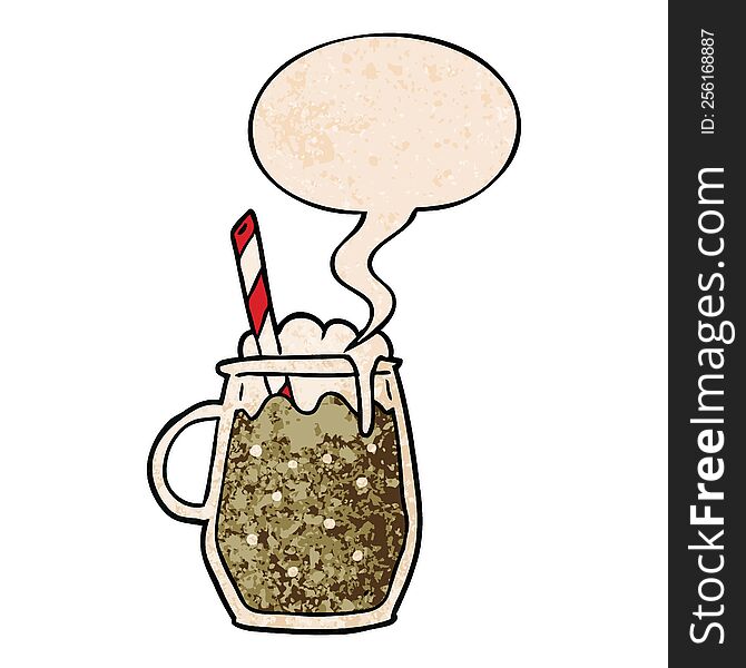 cartoon glass of root beer and straw and speech bubble in retro texture style