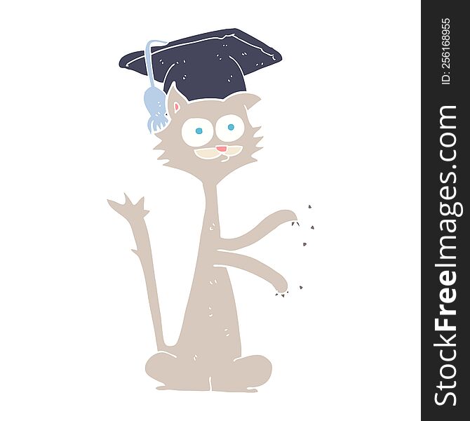 Flat Color Illustration Of A Cartoon Cat Scratching With Graduation Cap