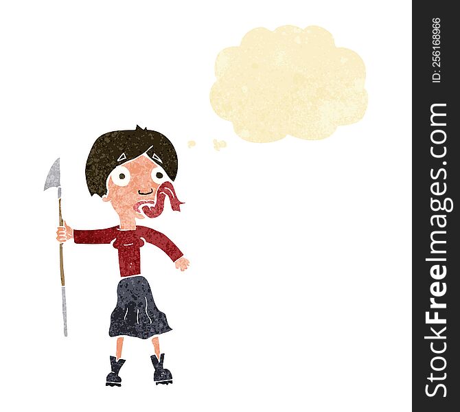 Cartoon Woman With Spear Sticking Out Tongue With Thought Bubble