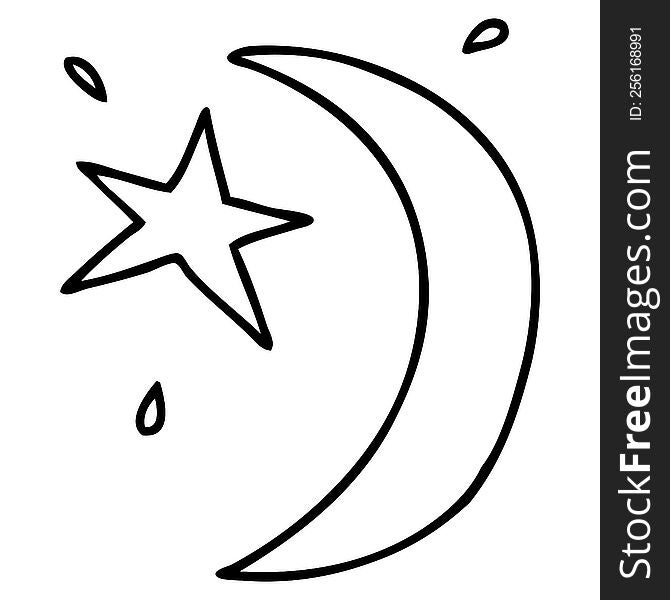 line drawing doodle of the moon and a star