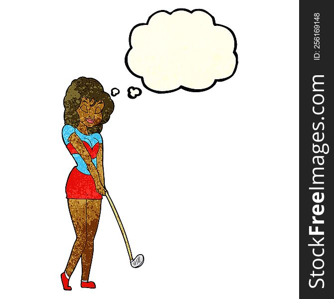 cartoon woman playing golf with thought bubble