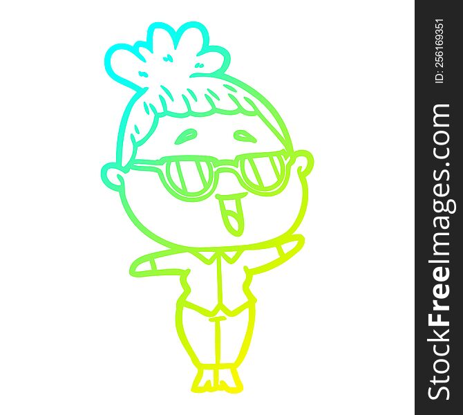 cold gradient line drawing of a cartoon happy woman wearing spectacles