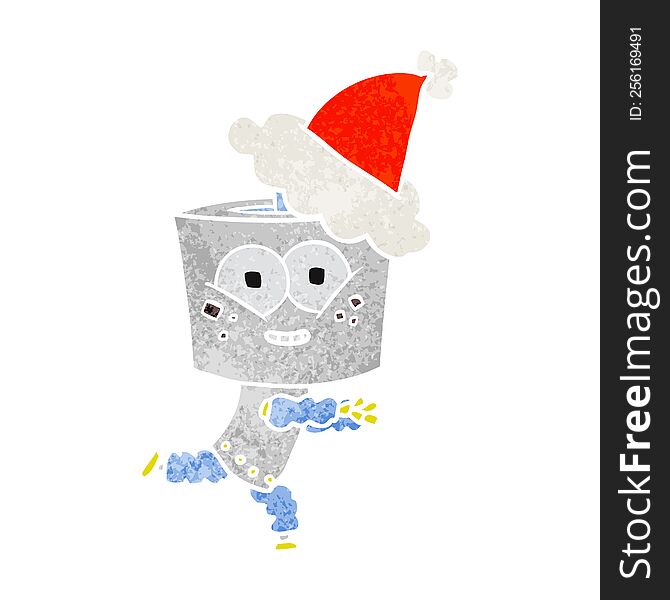 Happy Retro Cartoon Of A Robot Wearing Santa Hat