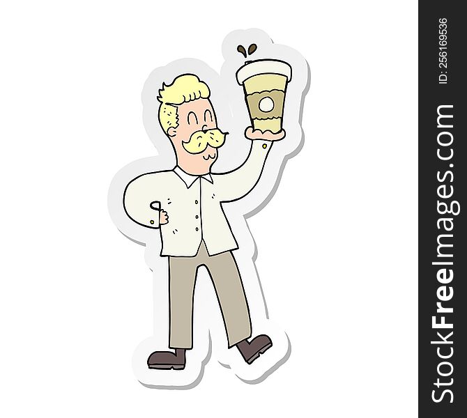 sticker of a cartoon man with coffee cups