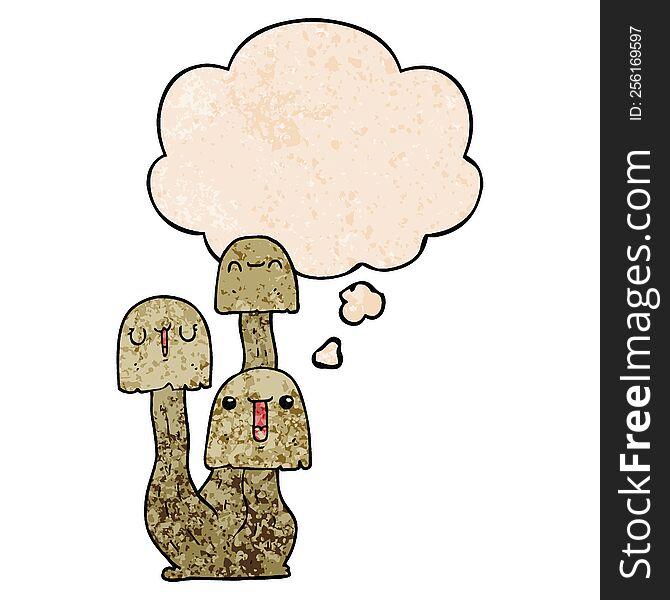 Cartoon Mushroom And Thought Bubble In Grunge Texture Pattern Style