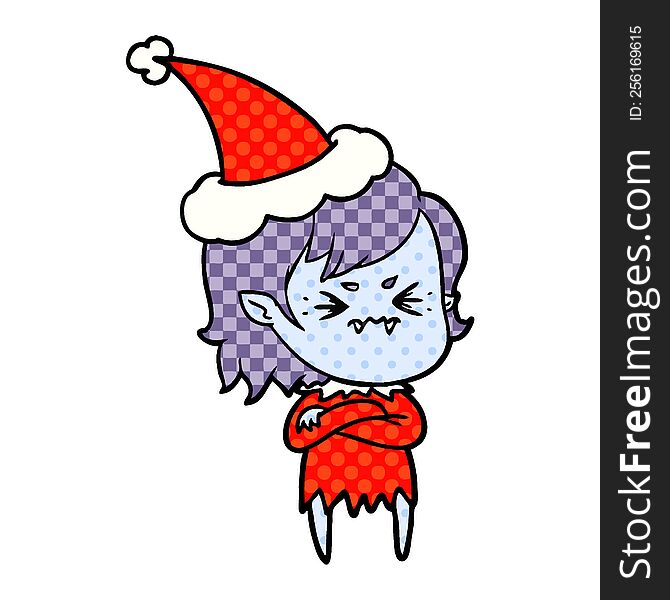 annoyed hand drawn comic book style illustration of a vampire girl wearing santa hat