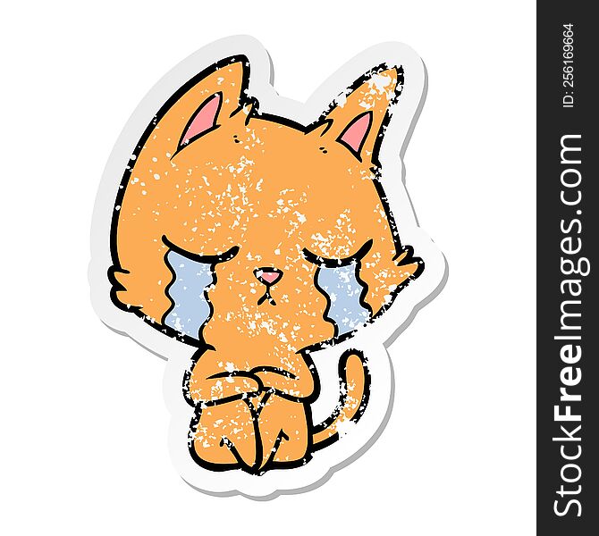 distressed sticker of a crying cartoon cat sitting