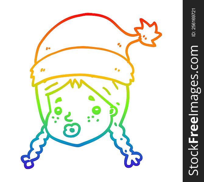 rainbow gradient line drawing of a cartoon girl wearing christmas hat