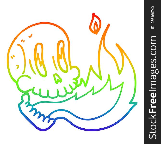 rainbow gradient line drawing of a cartoon flaming skull