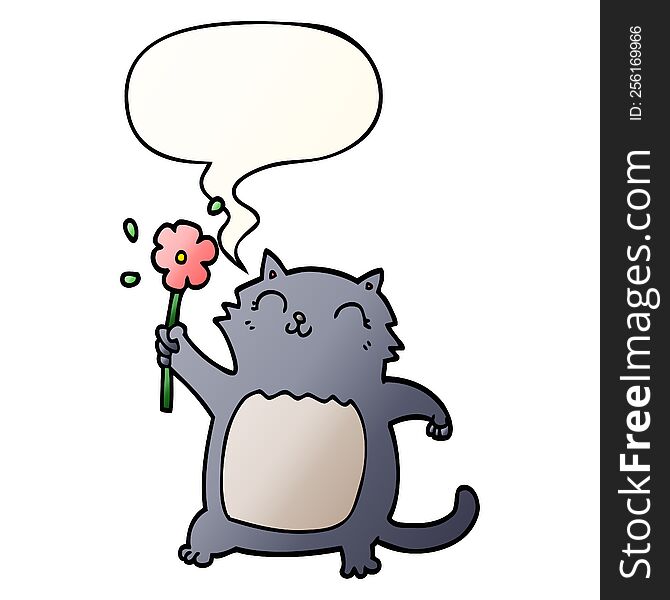 Cartoon Cat And Flower And Speech Bubble In Smooth Gradient Style