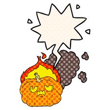 Cartoon Flaming Halloween Pumpkin And Speech Bubble In Comic Book Style Stock Photos