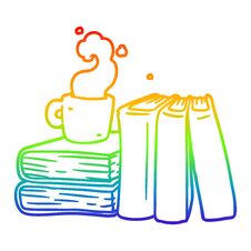 Rainbow Gradient Line Drawing Cartoon Coffee Cup And Study Books Royalty Free Stock Photos