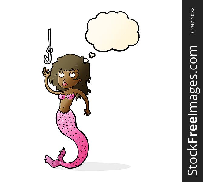 cartoon mermaid and fish hook with thought bubble