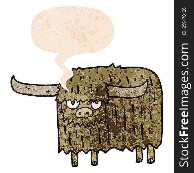 cartoon hairy cow with speech bubble in grunge distressed retro textured style. cartoon hairy cow with speech bubble in grunge distressed retro textured style