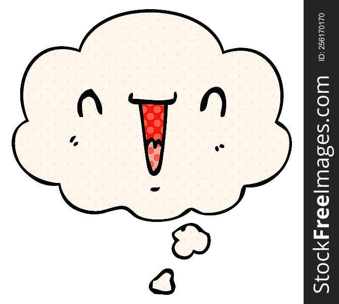 cute happy cartoon face with thought bubble in comic book style