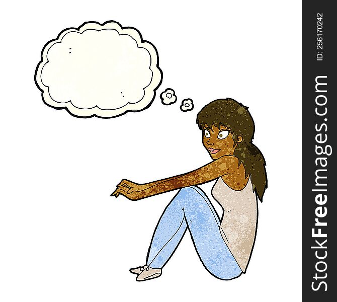 Cartoon Happy Woman Sitting With Thought Bubble