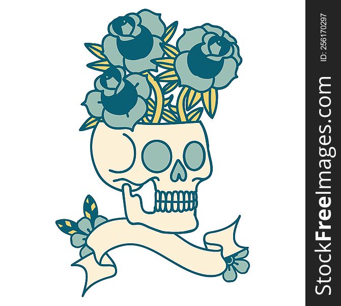 tattoo with banner of a skull and roses