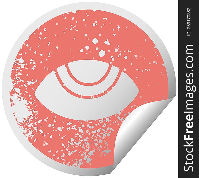 distressed circular peeling sticker symbol of a eye looking up