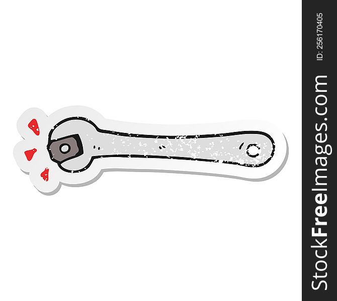 Distressed Sticker Of A Cartoon Spanner Turning Nut