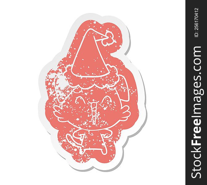 Happy Little Dog Cartoon Distressed Sticker Of A Wearing Santa Hat