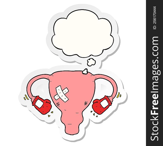 cartoon beat up uterus with boxing gloves with thought bubble as a printed sticker