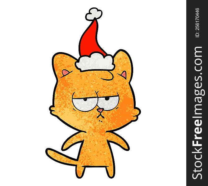Bored Textured Cartoon Of A Cat Wearing Santa Hat