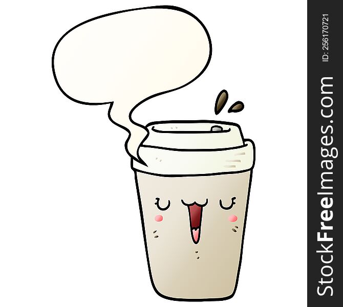 cartoon coffee cup with speech bubble in smooth gradient style