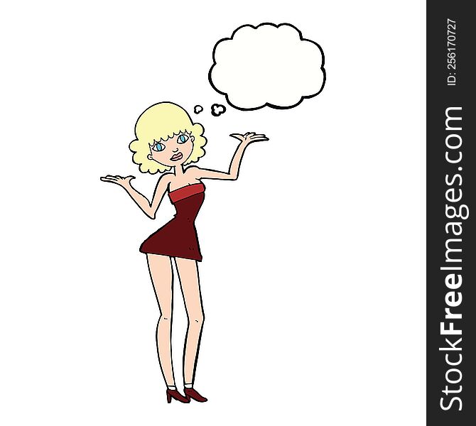 cartoon woman in cocktail dress with thought bubble