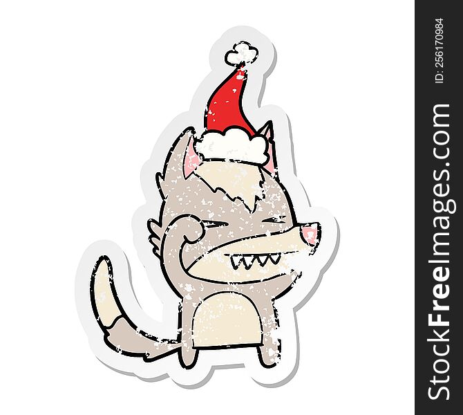 tired wolf hand drawn distressed sticker cartoon of a wearing santa hat. tired wolf hand drawn distressed sticker cartoon of a wearing santa hat
