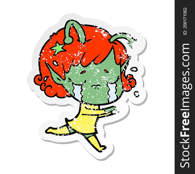 distressed sticker of a cartoon crying alien girl