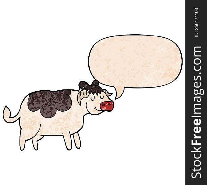 Cartoon Cow And Speech Bubble In Retro Texture Style